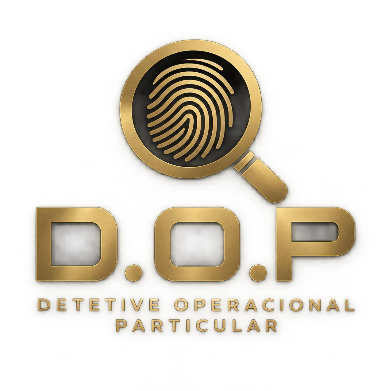 Logo dourado D.O.P — Detetive Operacional Particular, com lupa e impressão digital